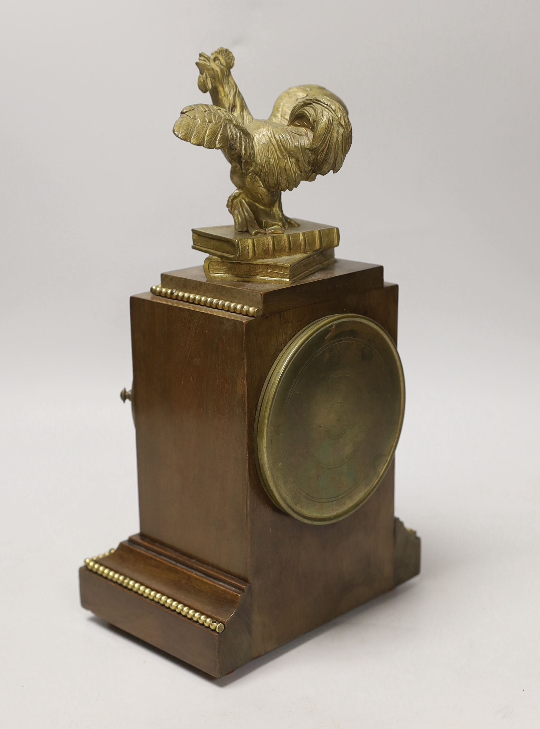 A French mahogany and ormolu mounted mantel clock, retailed by Dent, London, surmounted with a gilt metal cockerel, 30cm high